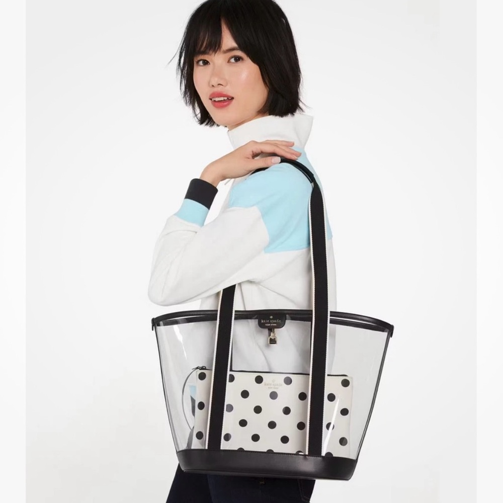 BRAND BRAND BRAND NEW!! Kate Spade NEW YORK Clr W/Blk/Wte Straps Tote Bag & Xtra - Picture 5 of 5